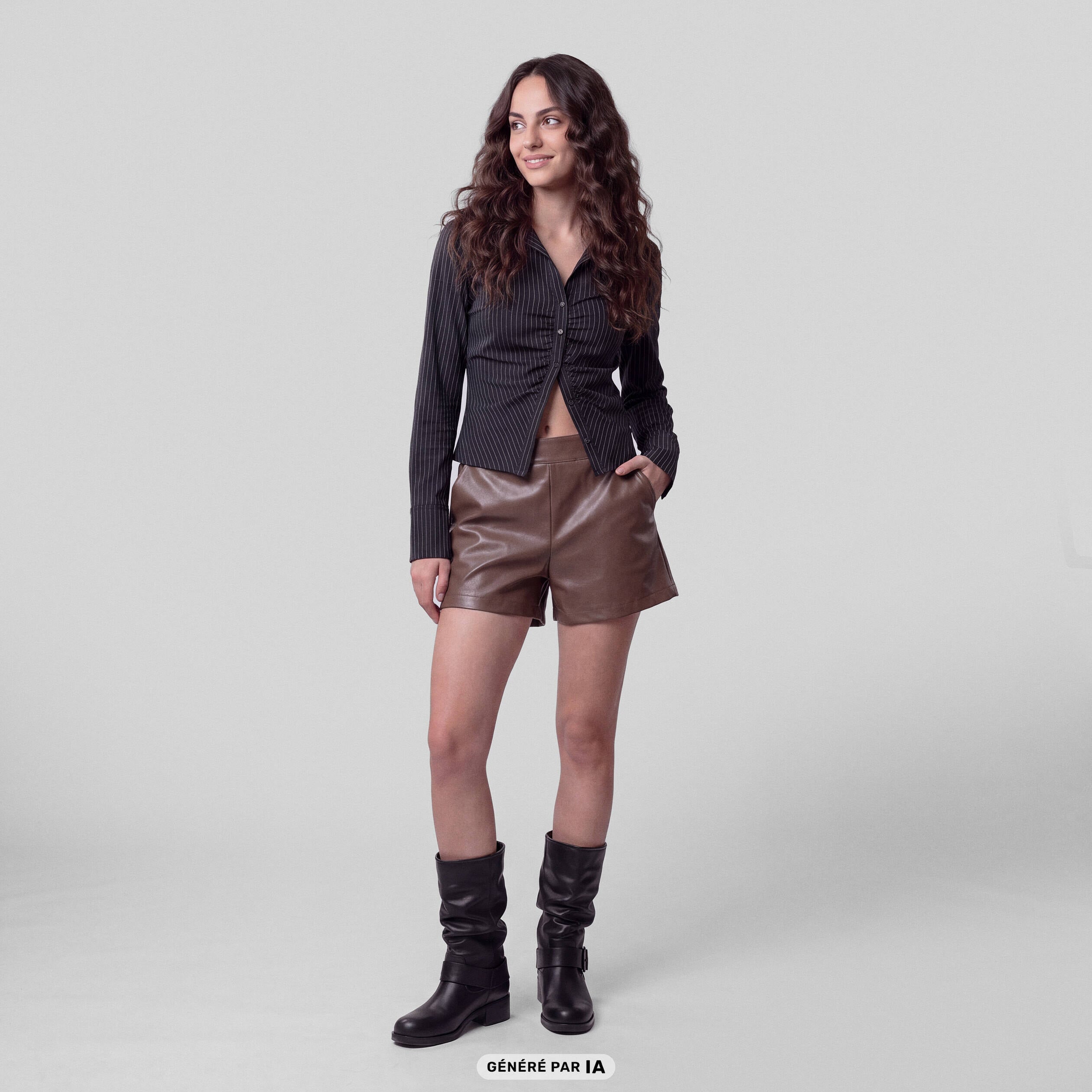 Short taille haute en similicuir taupe