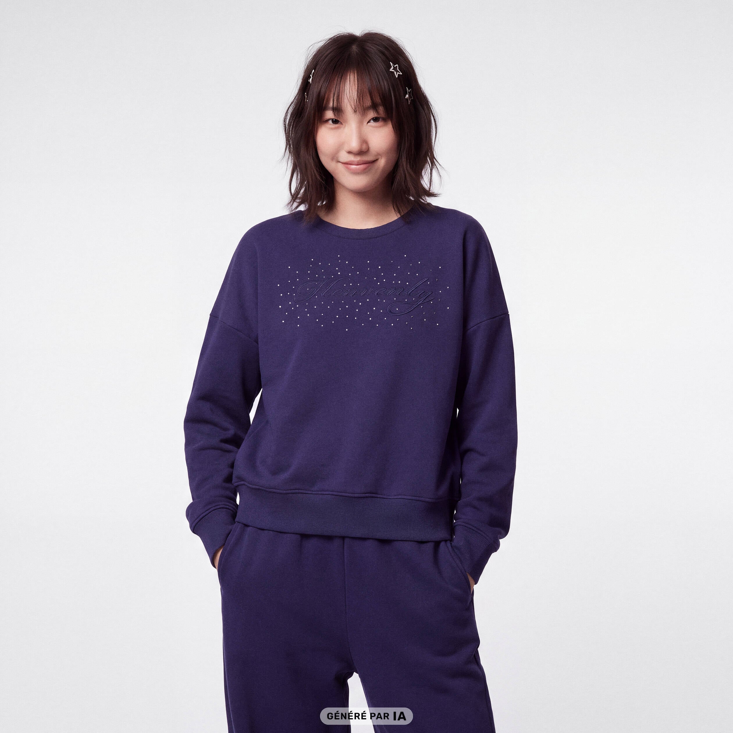Sweat col rond manches longues strass bleu marine