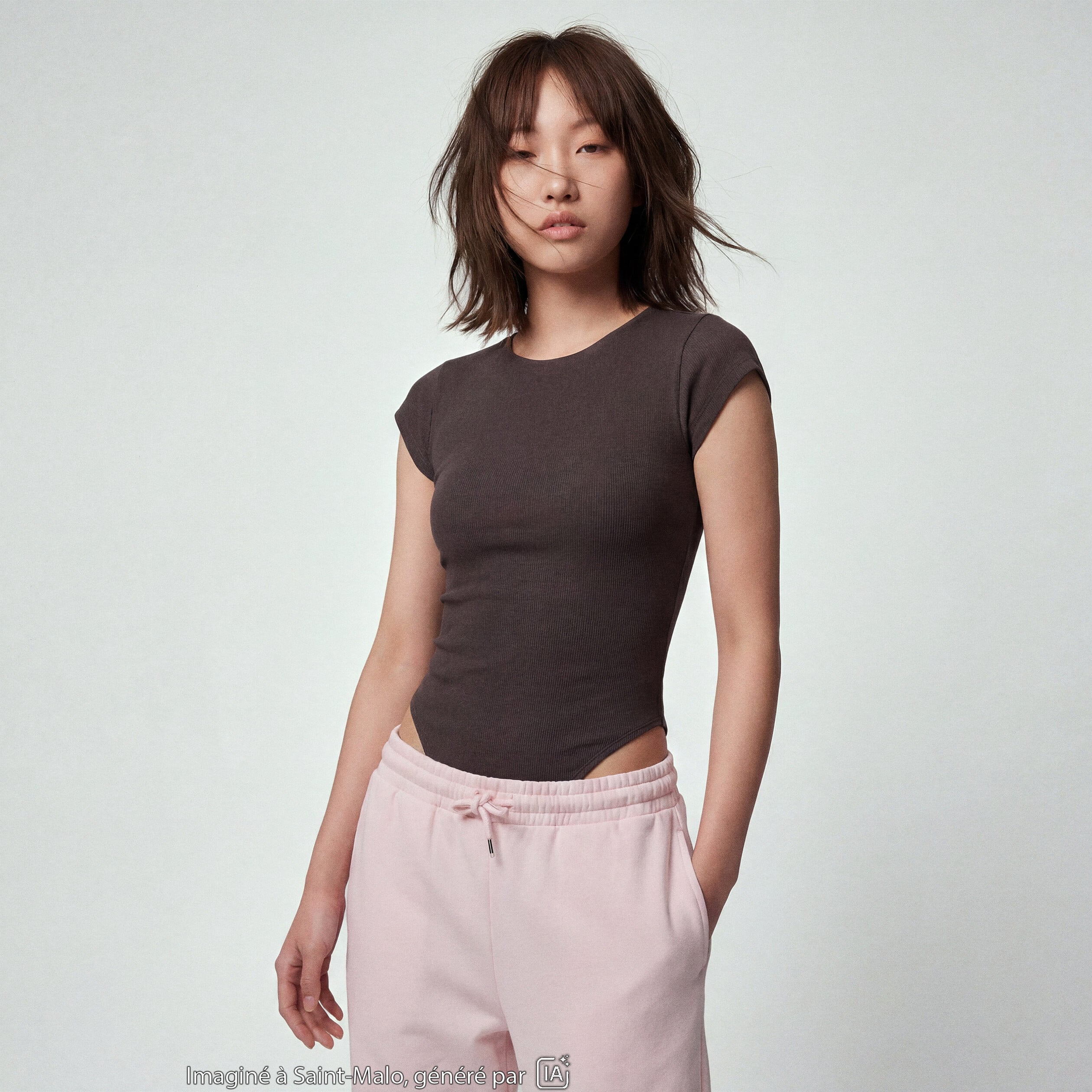 Body ajust&eacute; col rond manches courtes gris