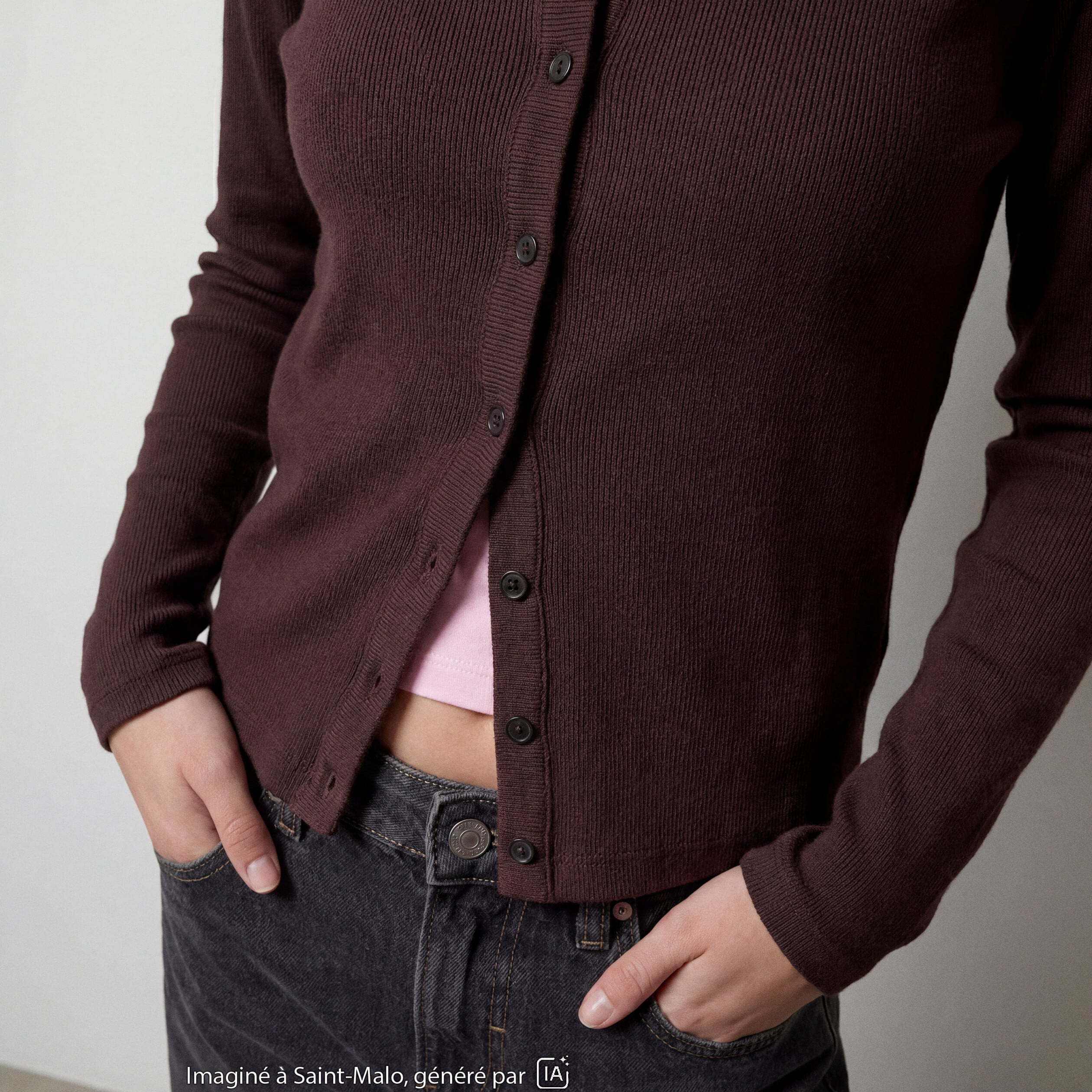 Gilet ajust&eacute; col rond manches longues marron fonc&eacute;