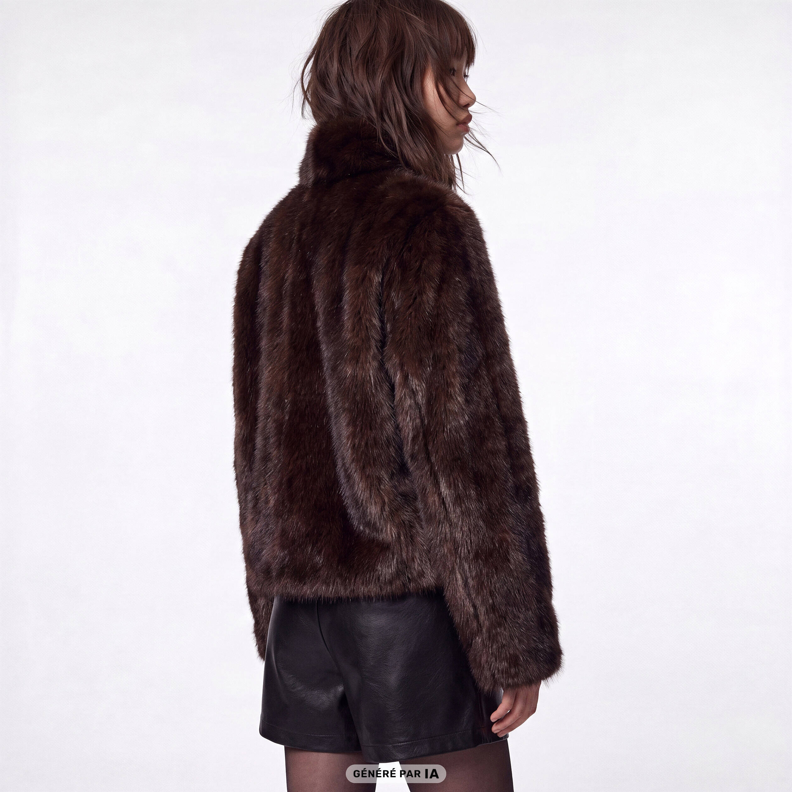 Manteau droit court fausse fourrure marron fonc&eacute;