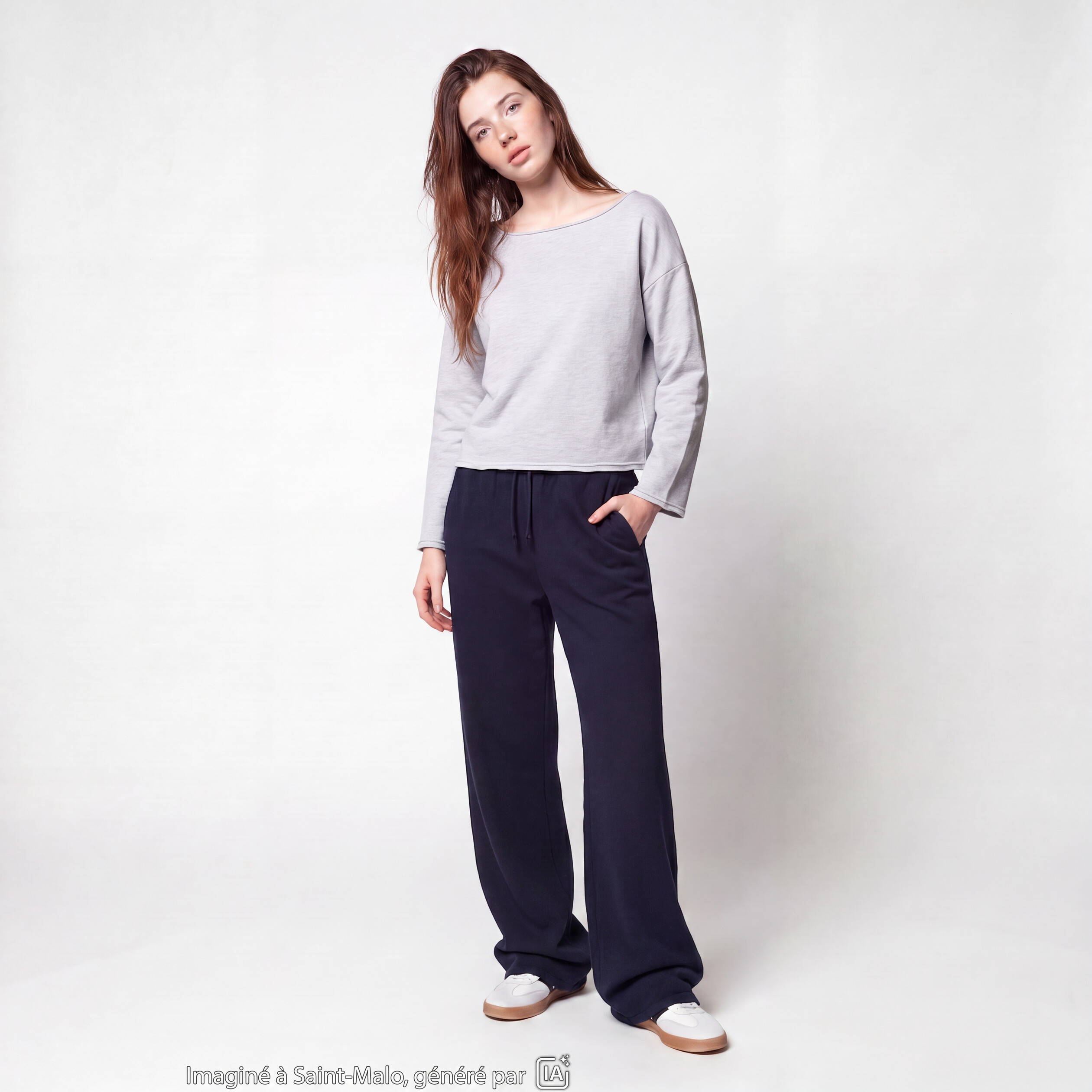 Sweat oversize cropped col bateau gris clair