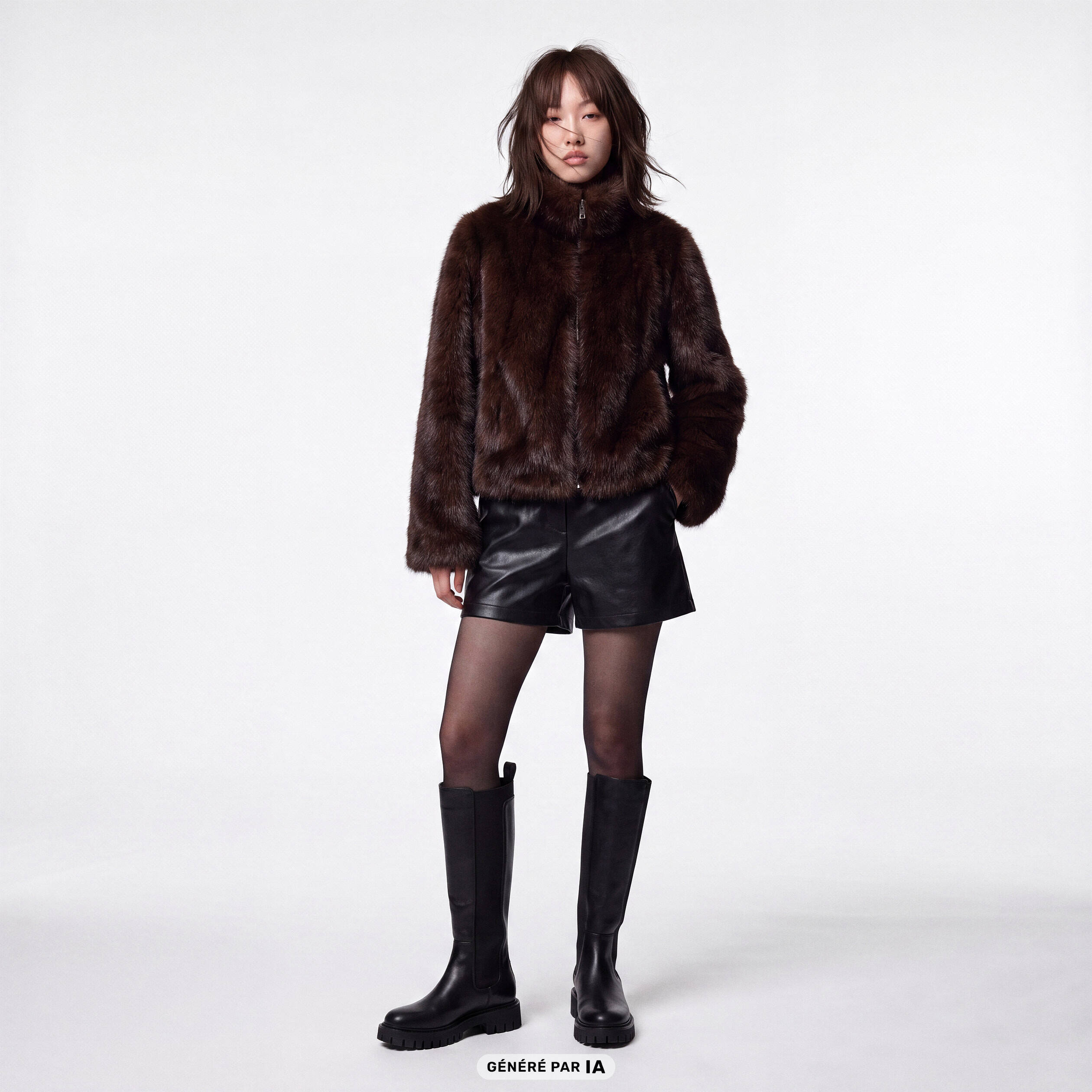 Manteau droit court fausse fourrure marron fonc&eacute;