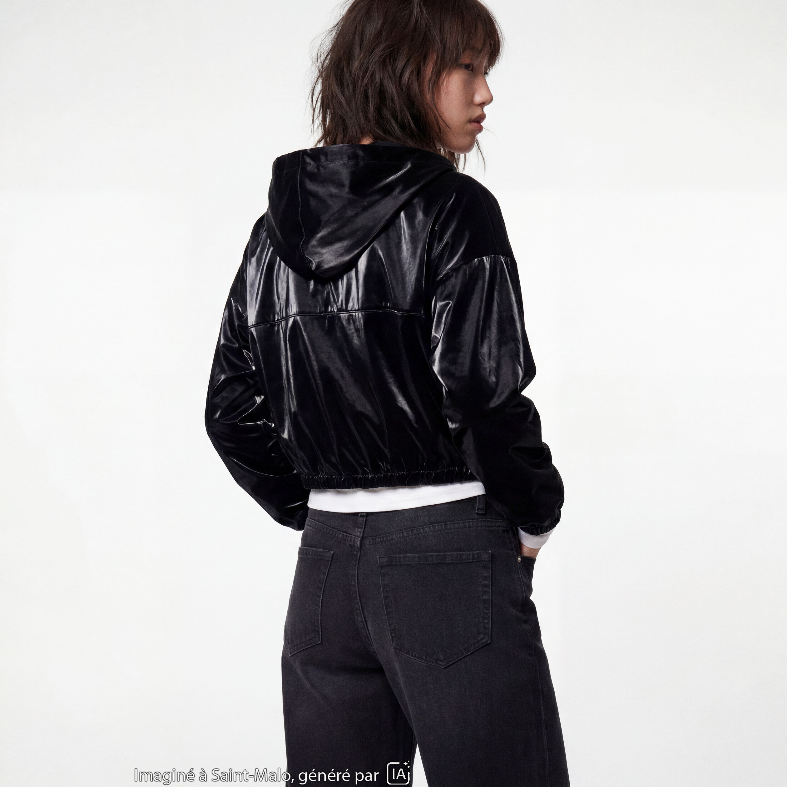 Blouson droit cropped &agrave; capuche velours noir