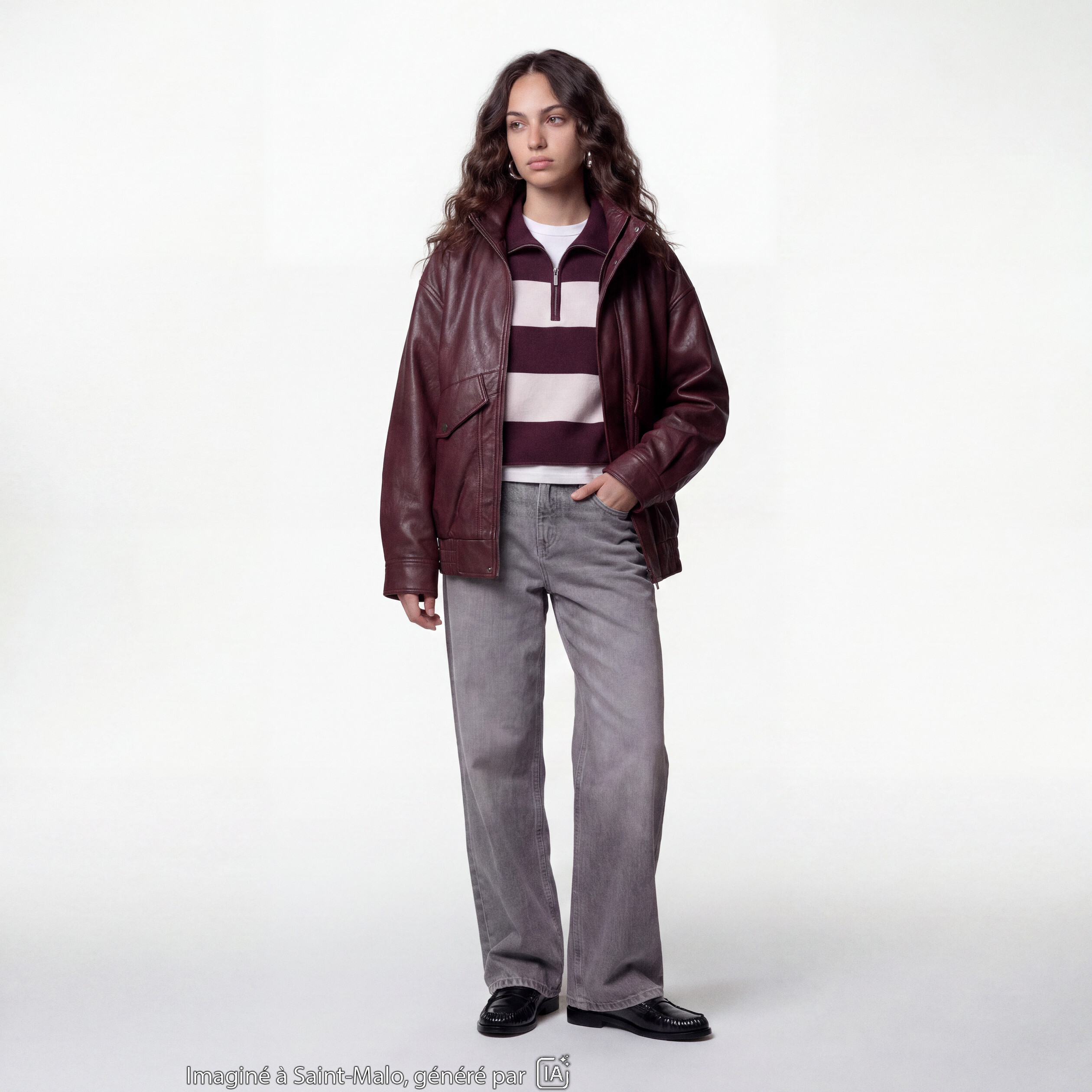 Veste oversize similicuir col biker bordeaux