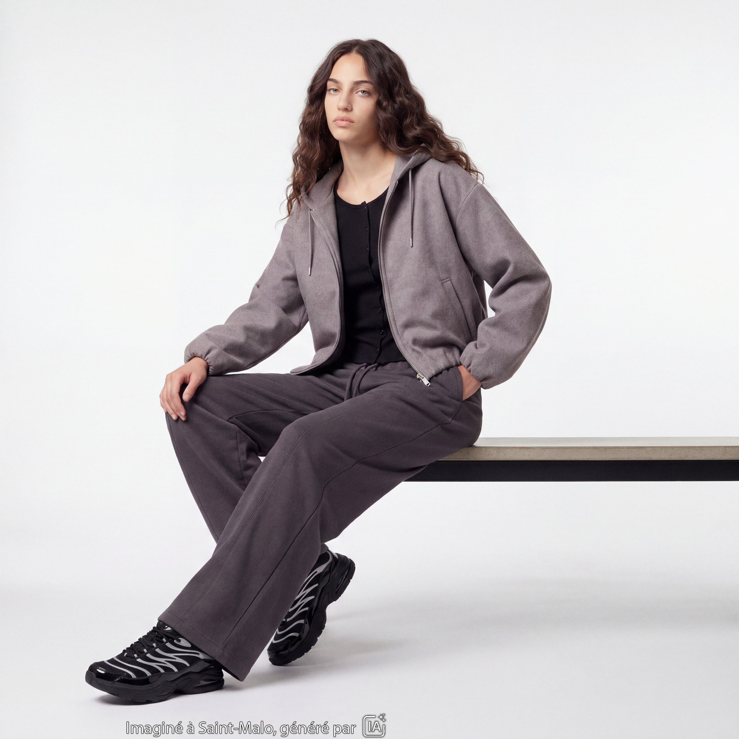 Blouson cropped effet boule &agrave; capuche gris fonc&eacute;