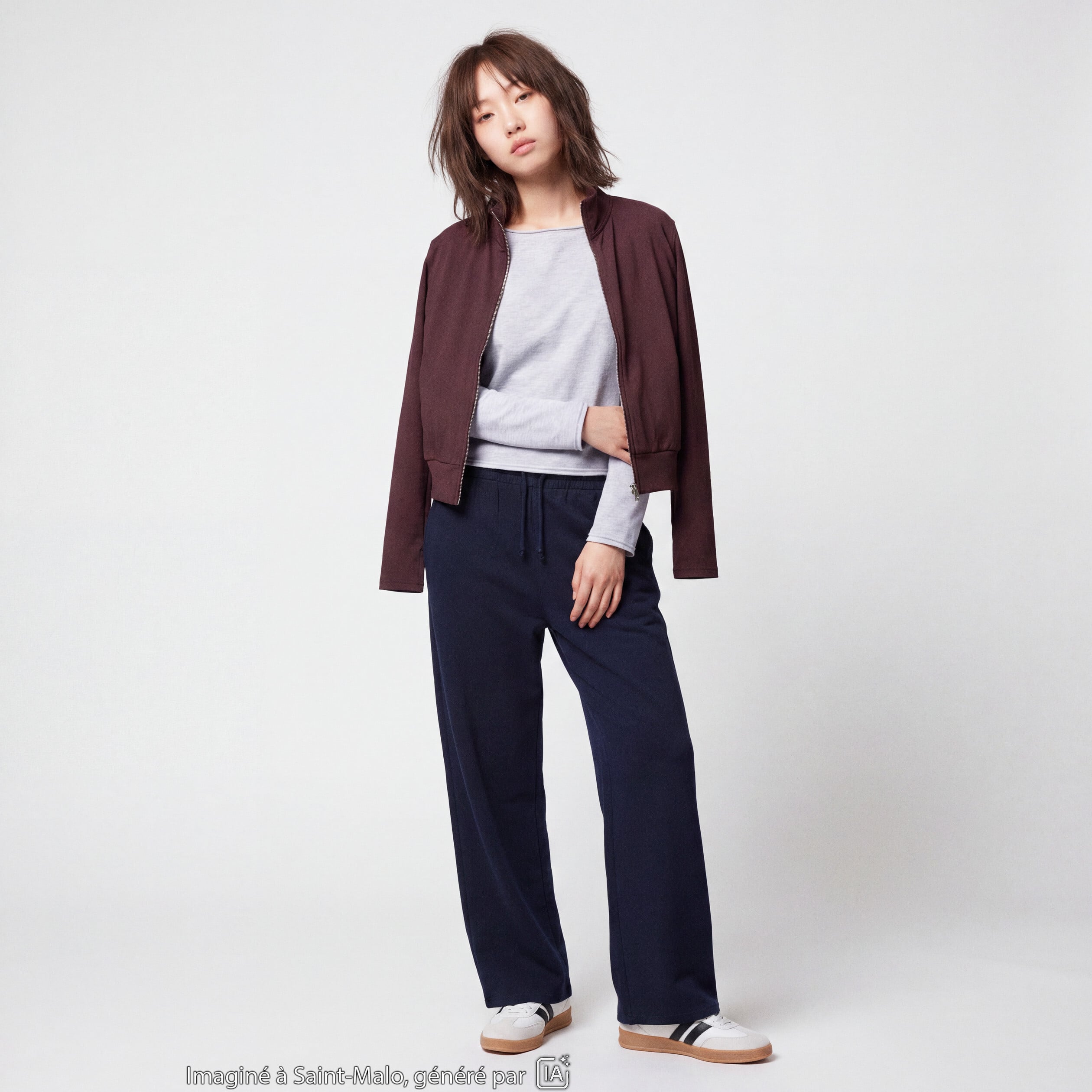 Gilet droit cropped col montant marron fonc&eacute;