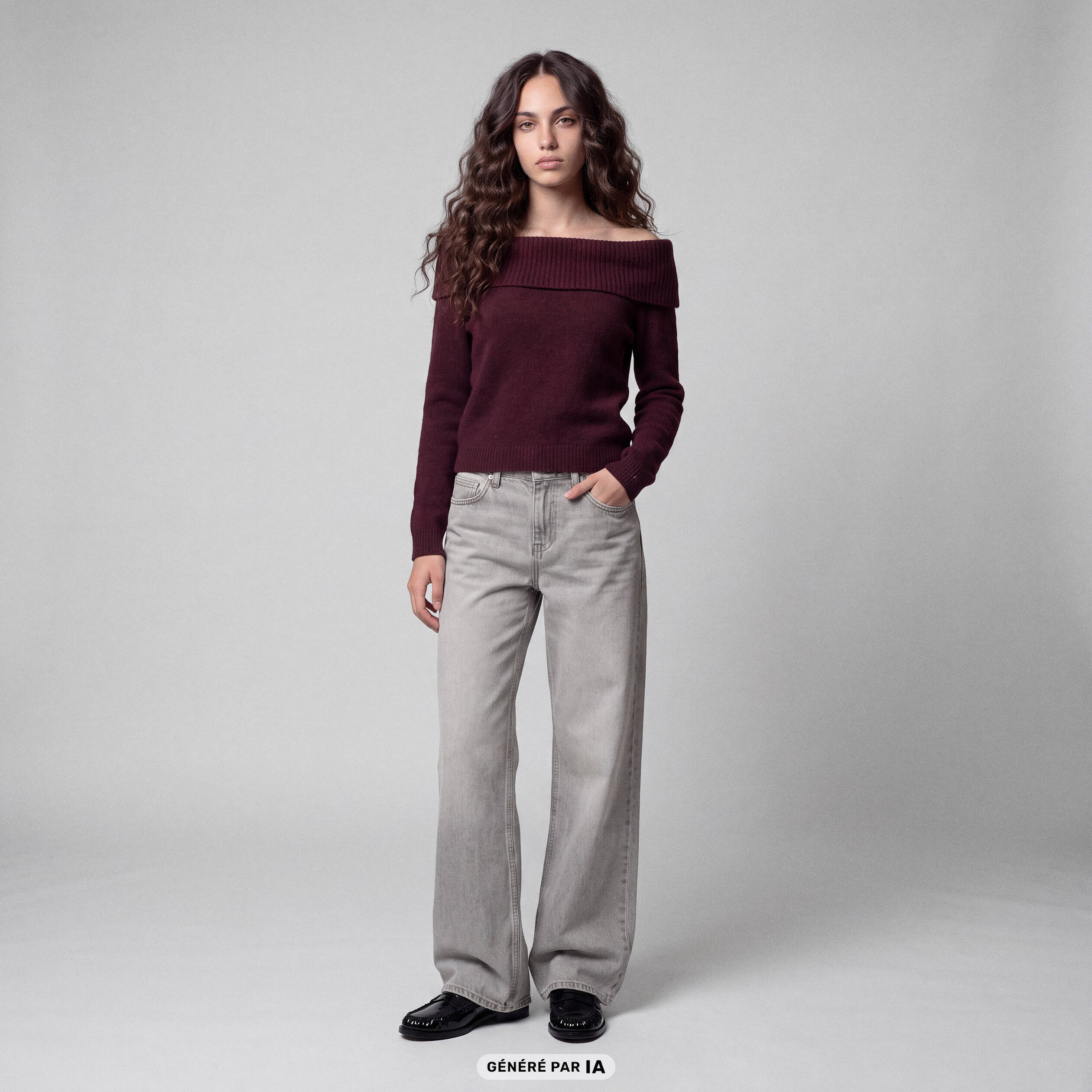 Pull col bardot manches longues bordeaux