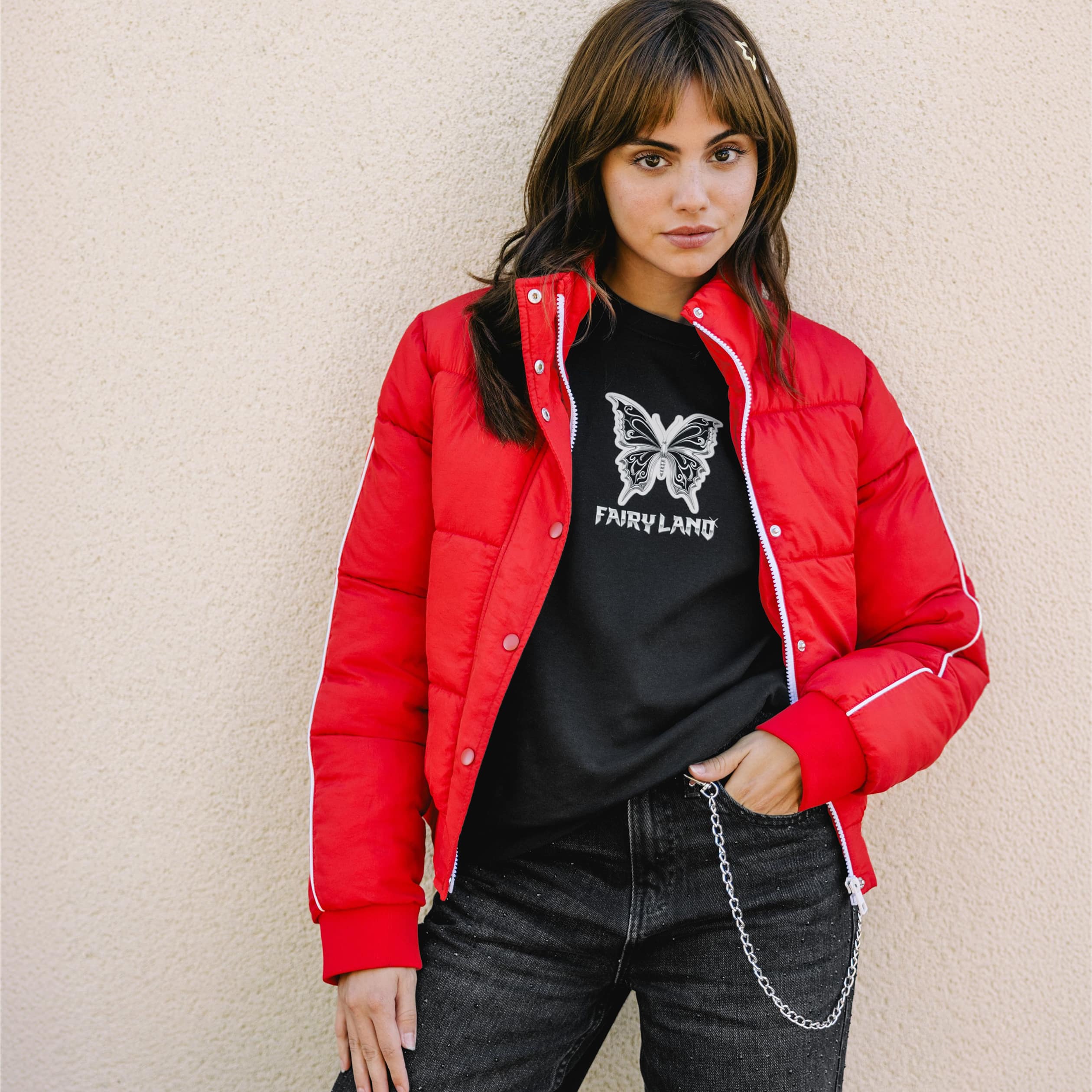 Doudoune droite cropped col montant rouge