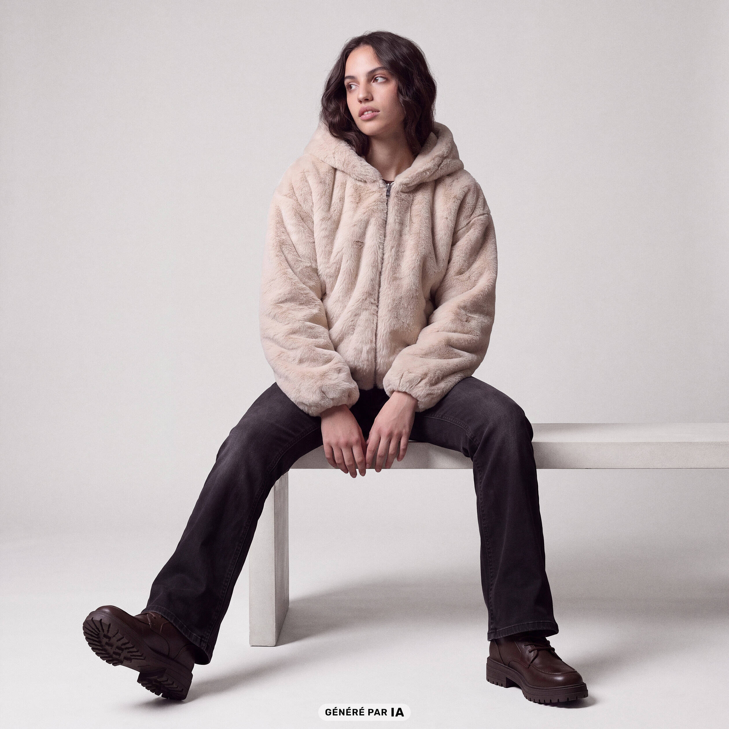 Blouson capuche fausse fourrure ecru