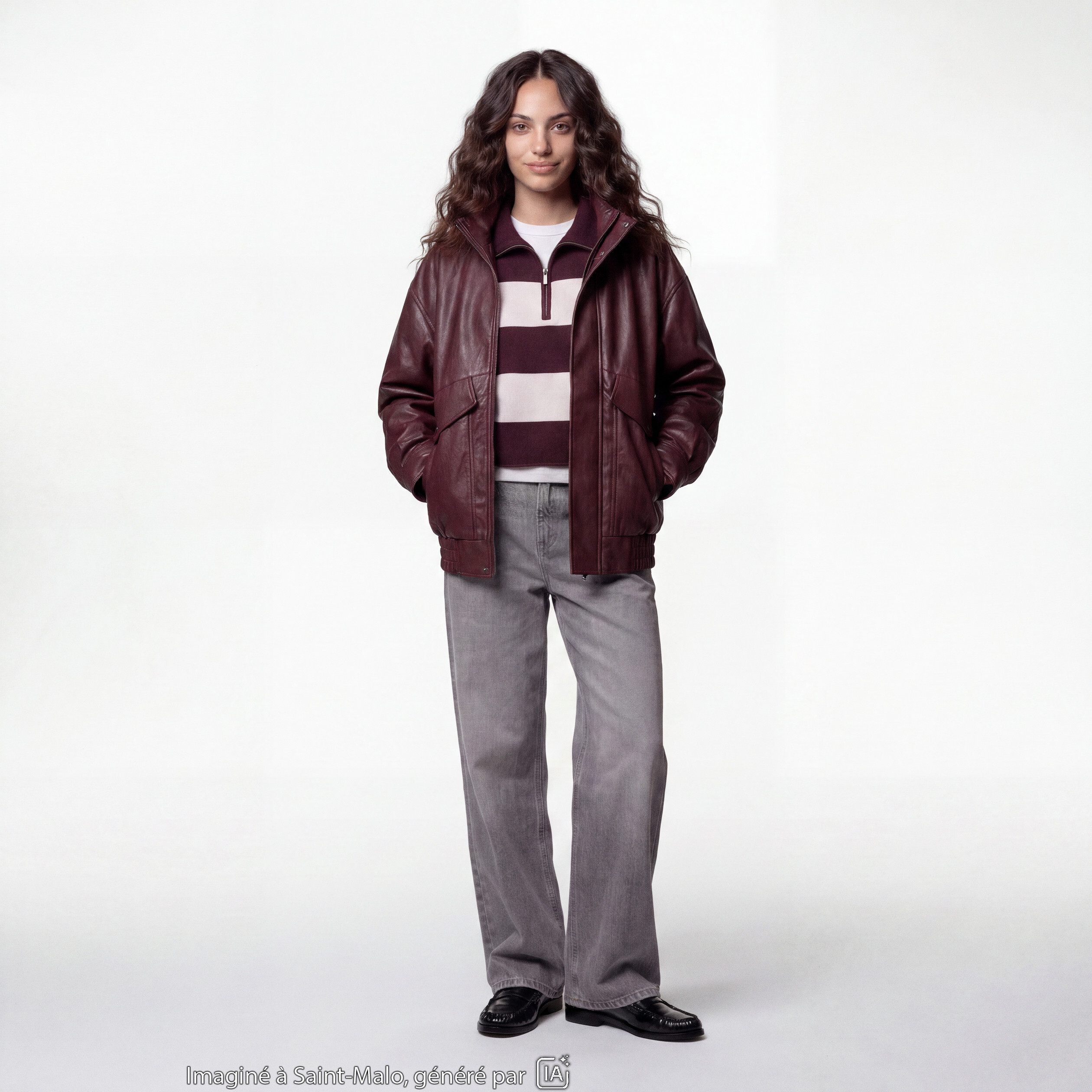 Veste oversize similicuir col biker bordeaux