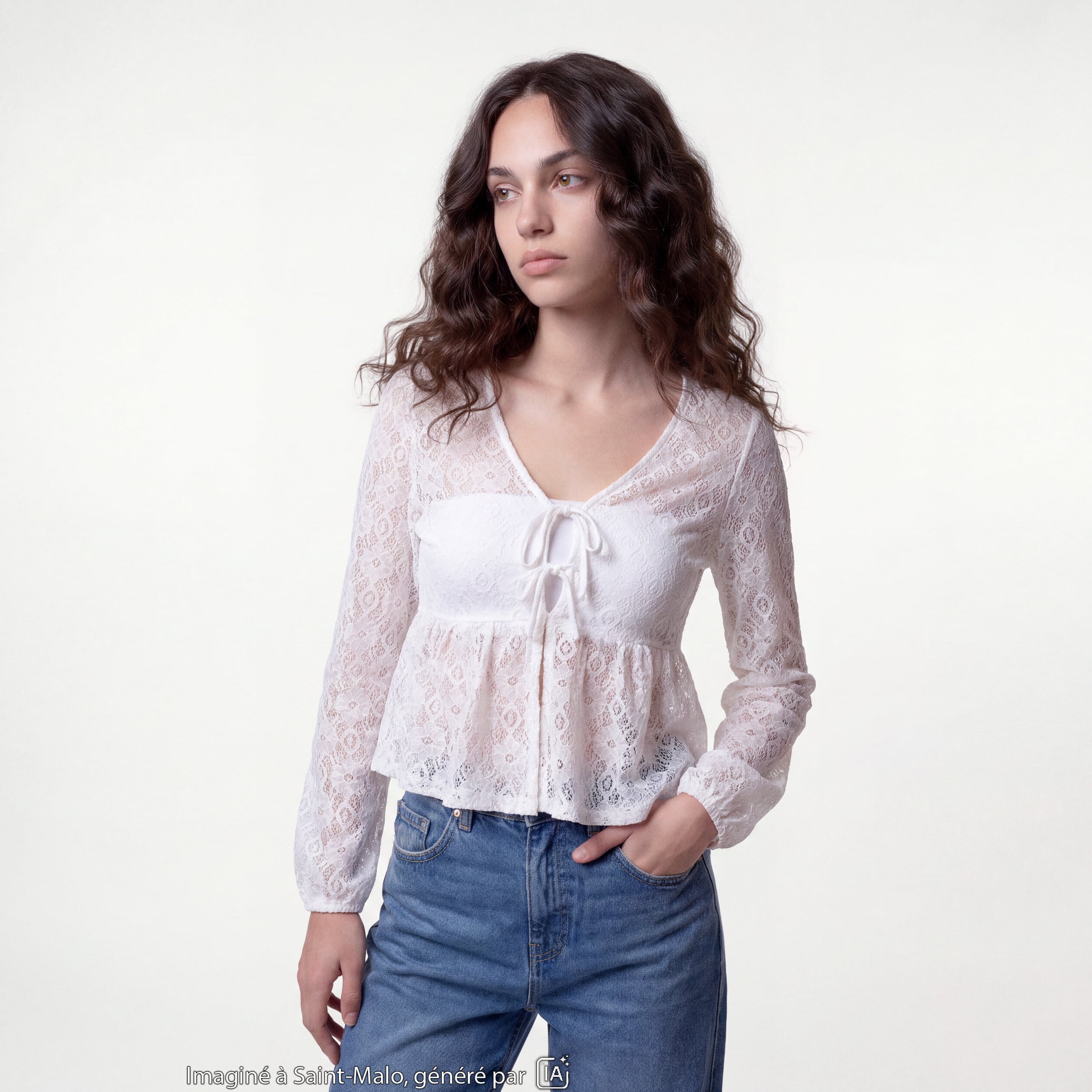 Chemise cintr&eacute;e dentelle col en V ecru
