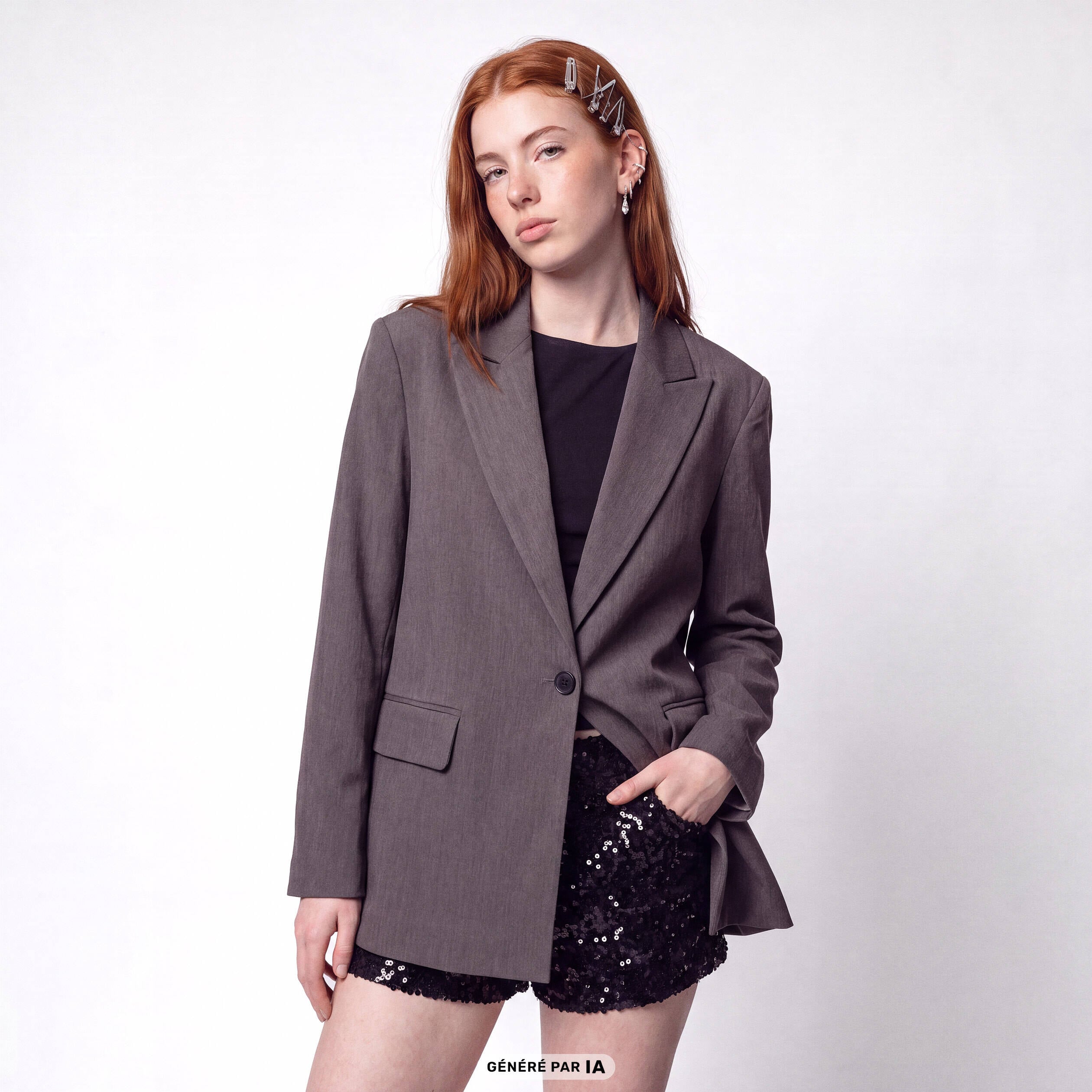 Veste col tailleur manches longues gris fonc&eacute;