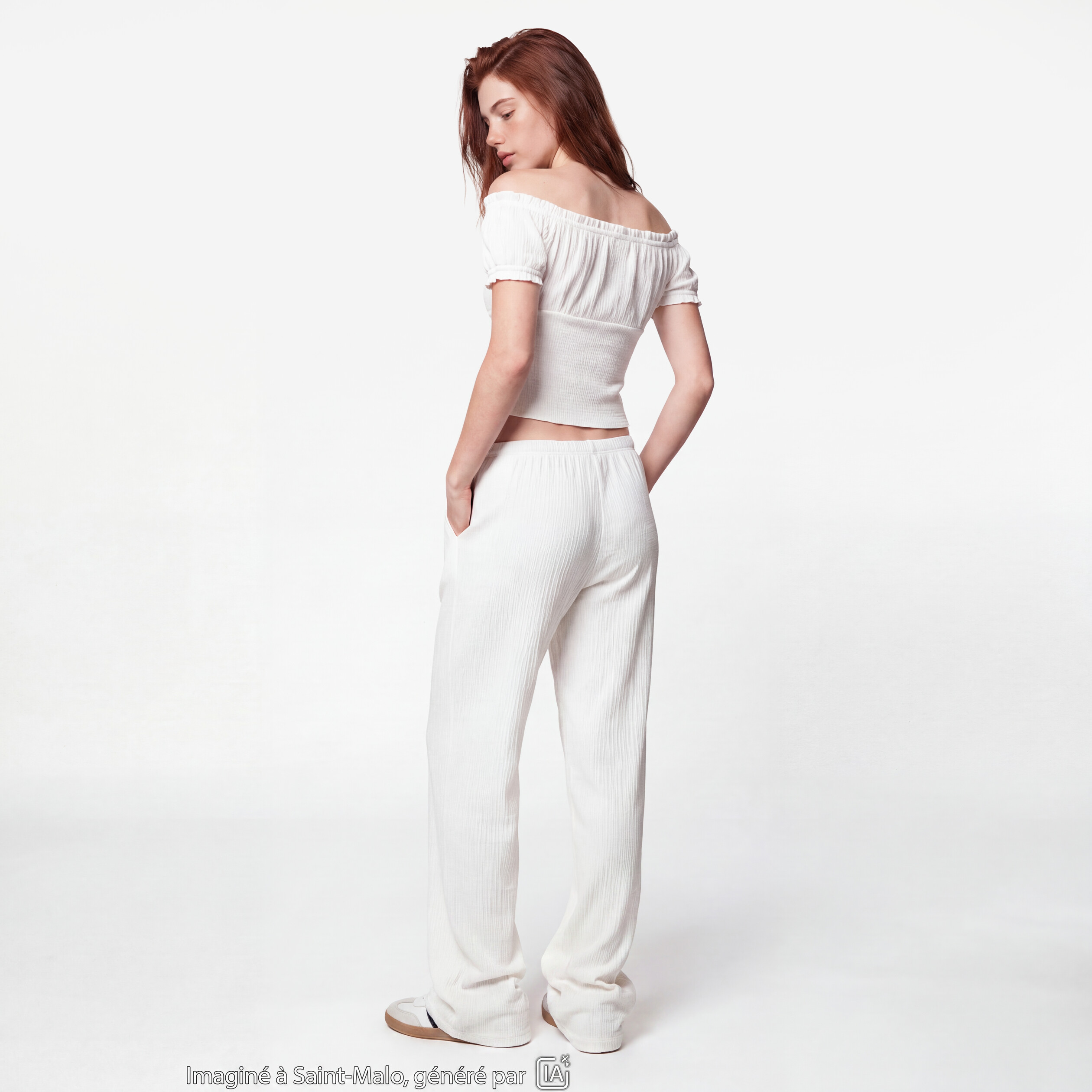 Pantalon large taille standard ecru