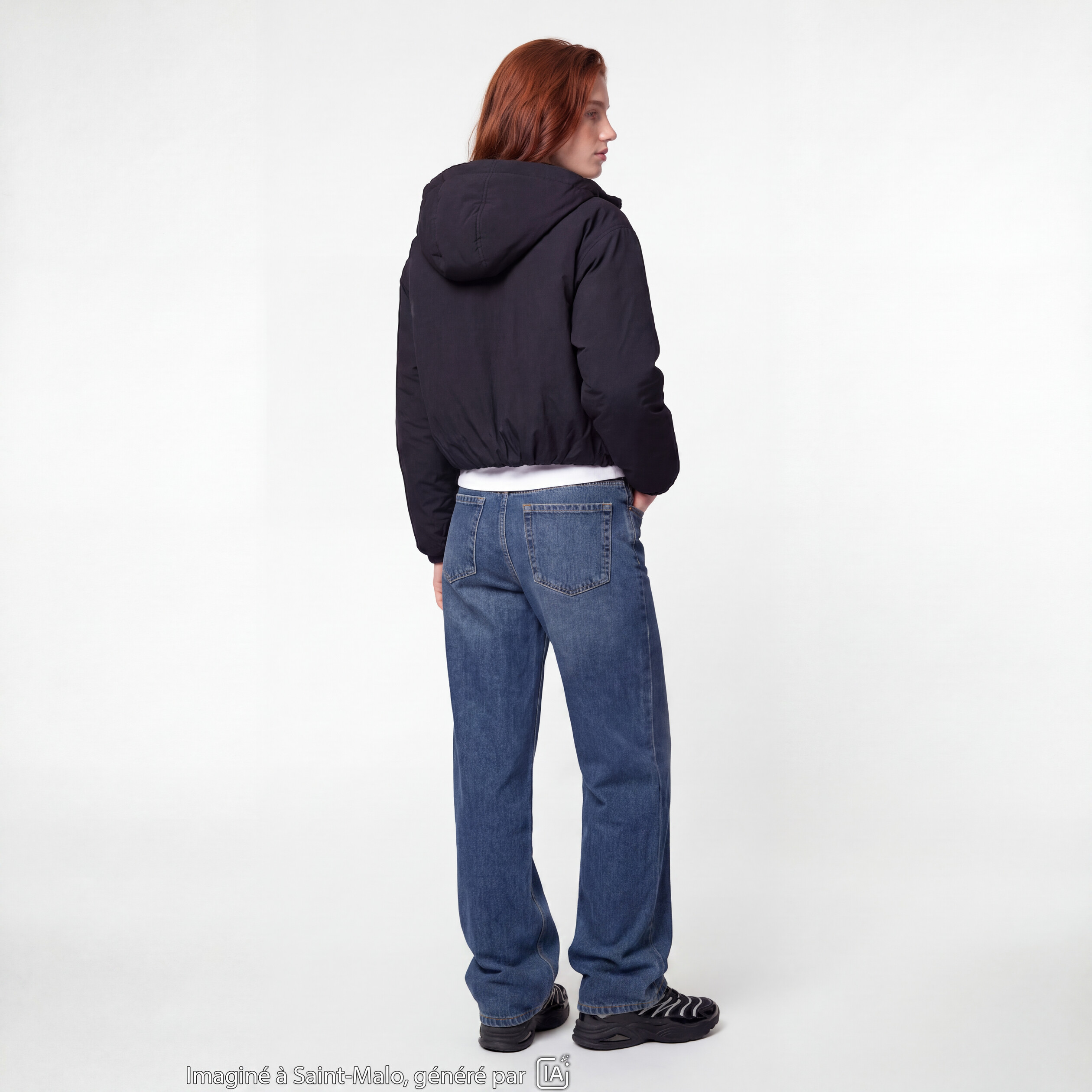 Blouson cropped &agrave; capuche bas resserr&eacute; noir