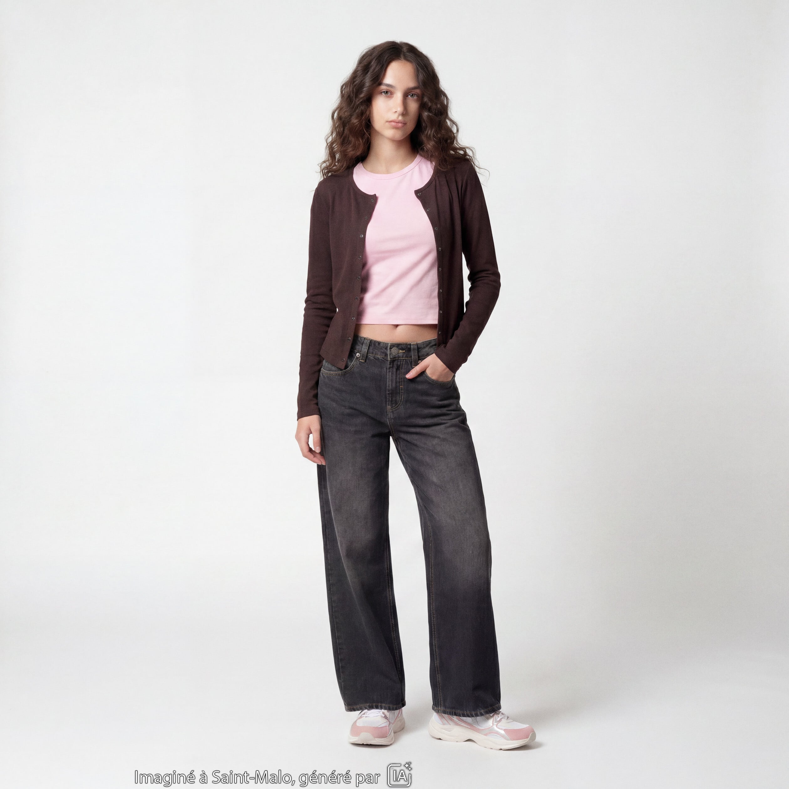 Gilet ajust&eacute; col rond manches longues marron fonc&eacute;