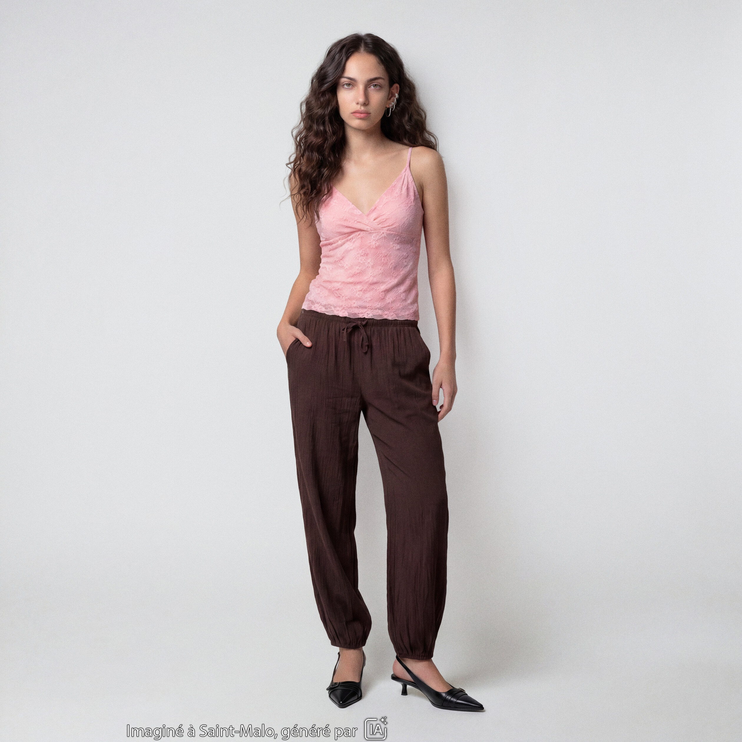 Pantalon large en cr&ecirc;pe taille standard marron fonc&eacute;
