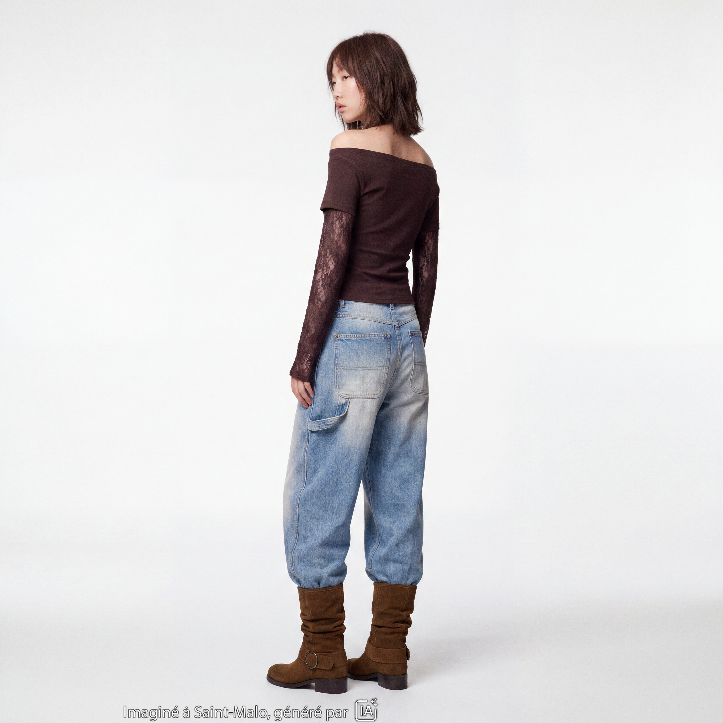 Haut double col bateau manches longues marron fonc&eacute;