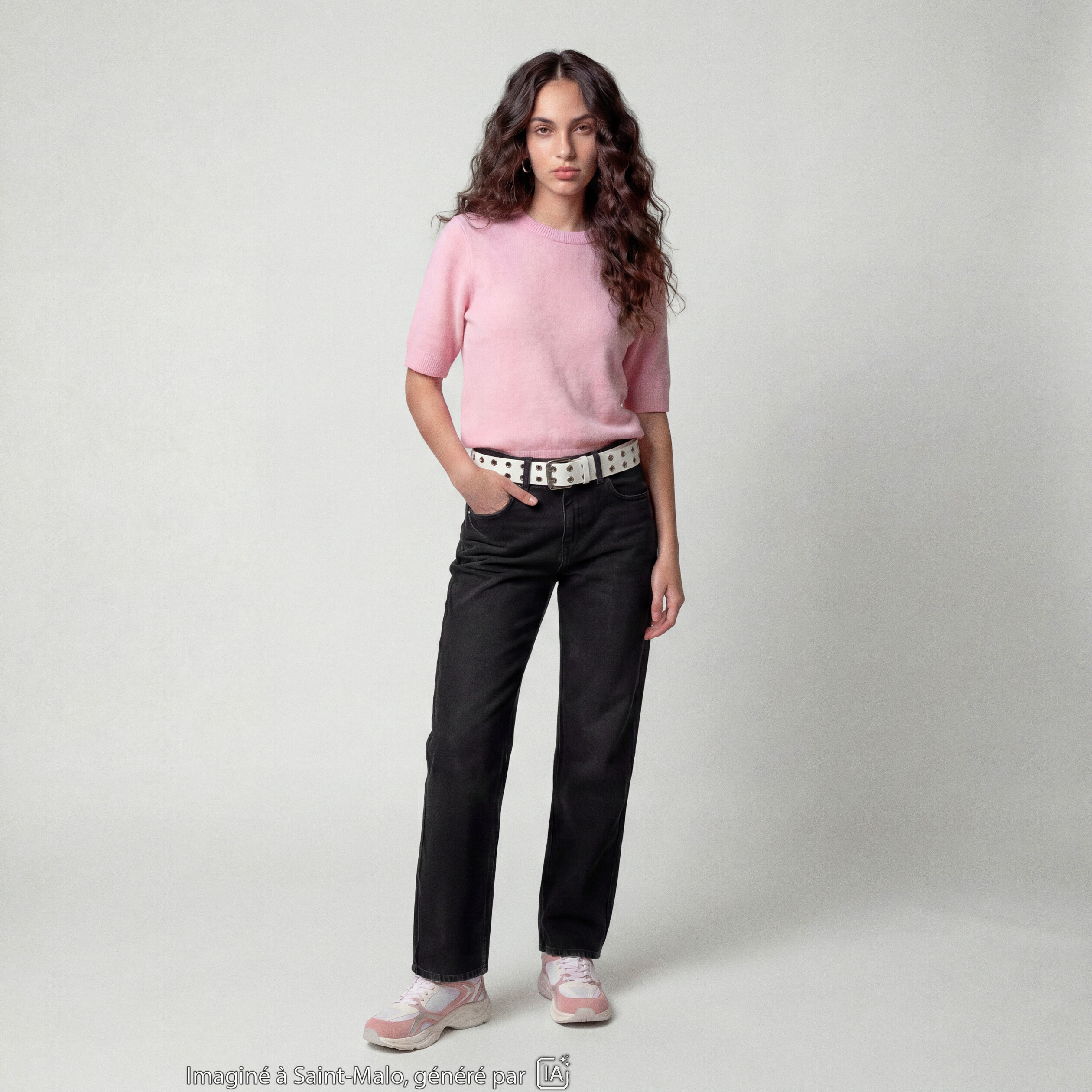 Pull col rond manches courtes rose