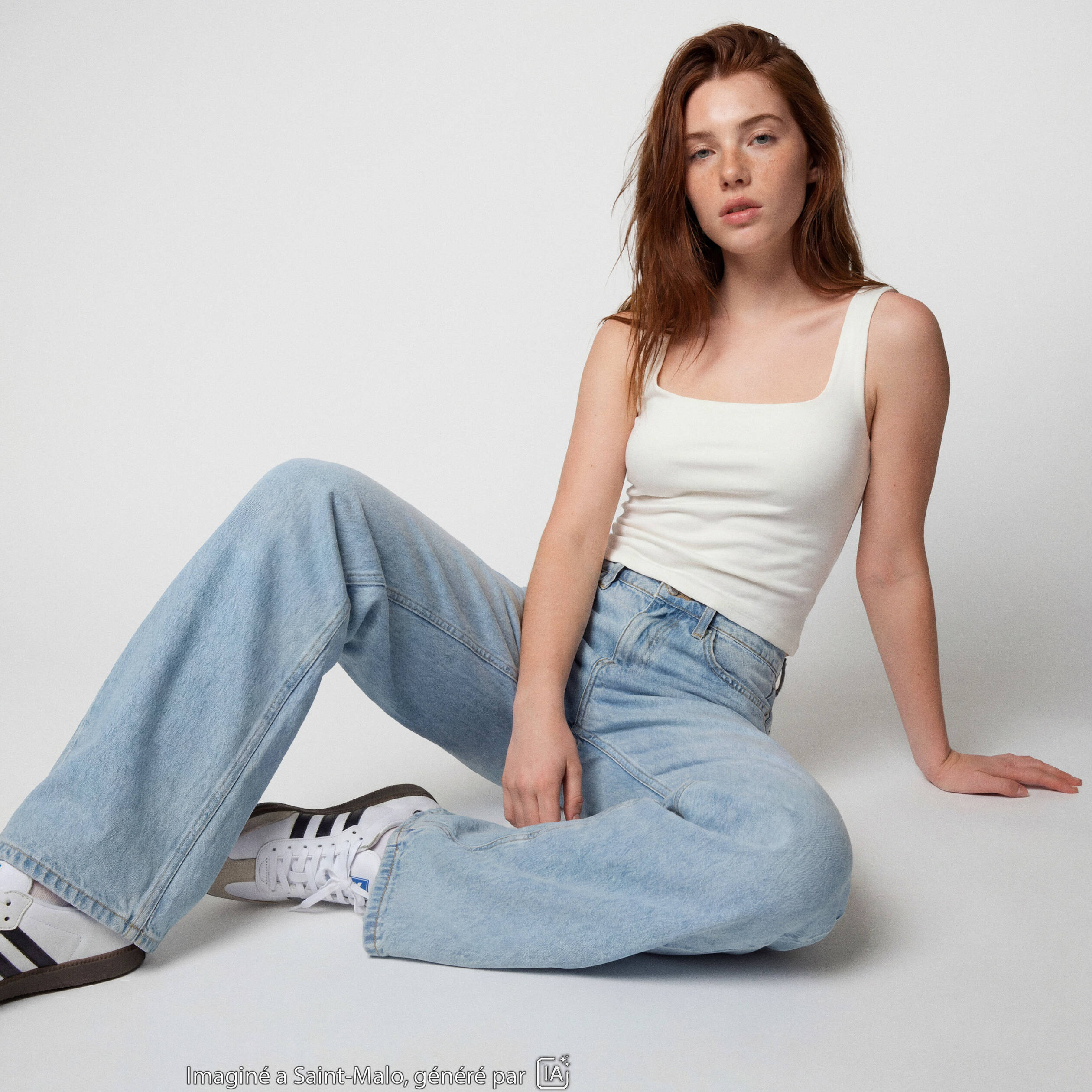 Jean wide leg taille standard denim bleach ado