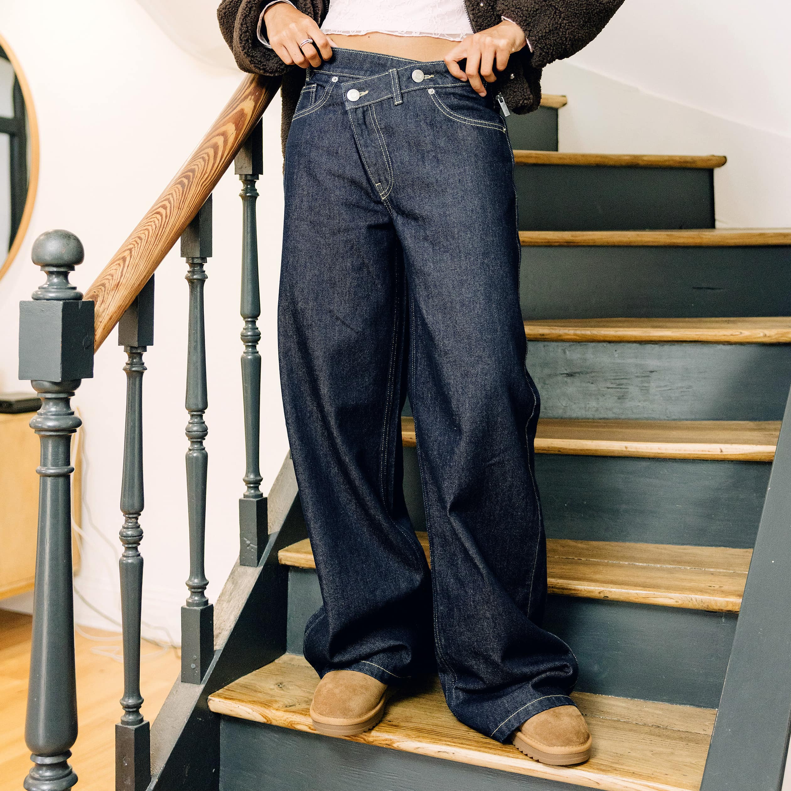 Jean Lenny wide leg taille crois&eacute;e denim brut