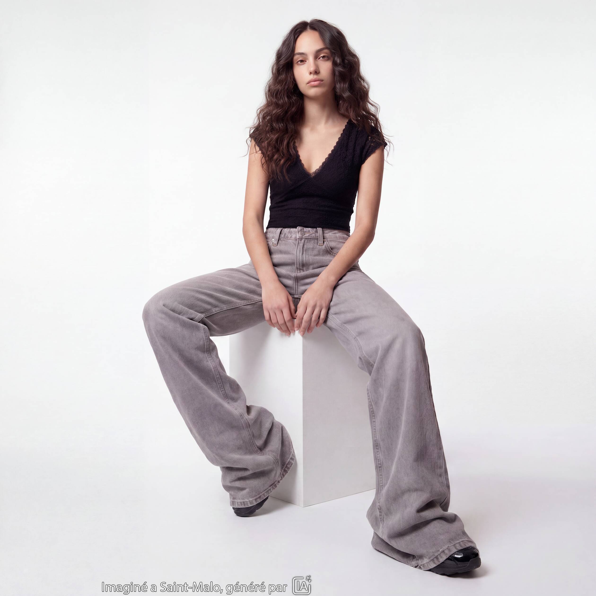 Jean wide leg taille standard denim gris ado