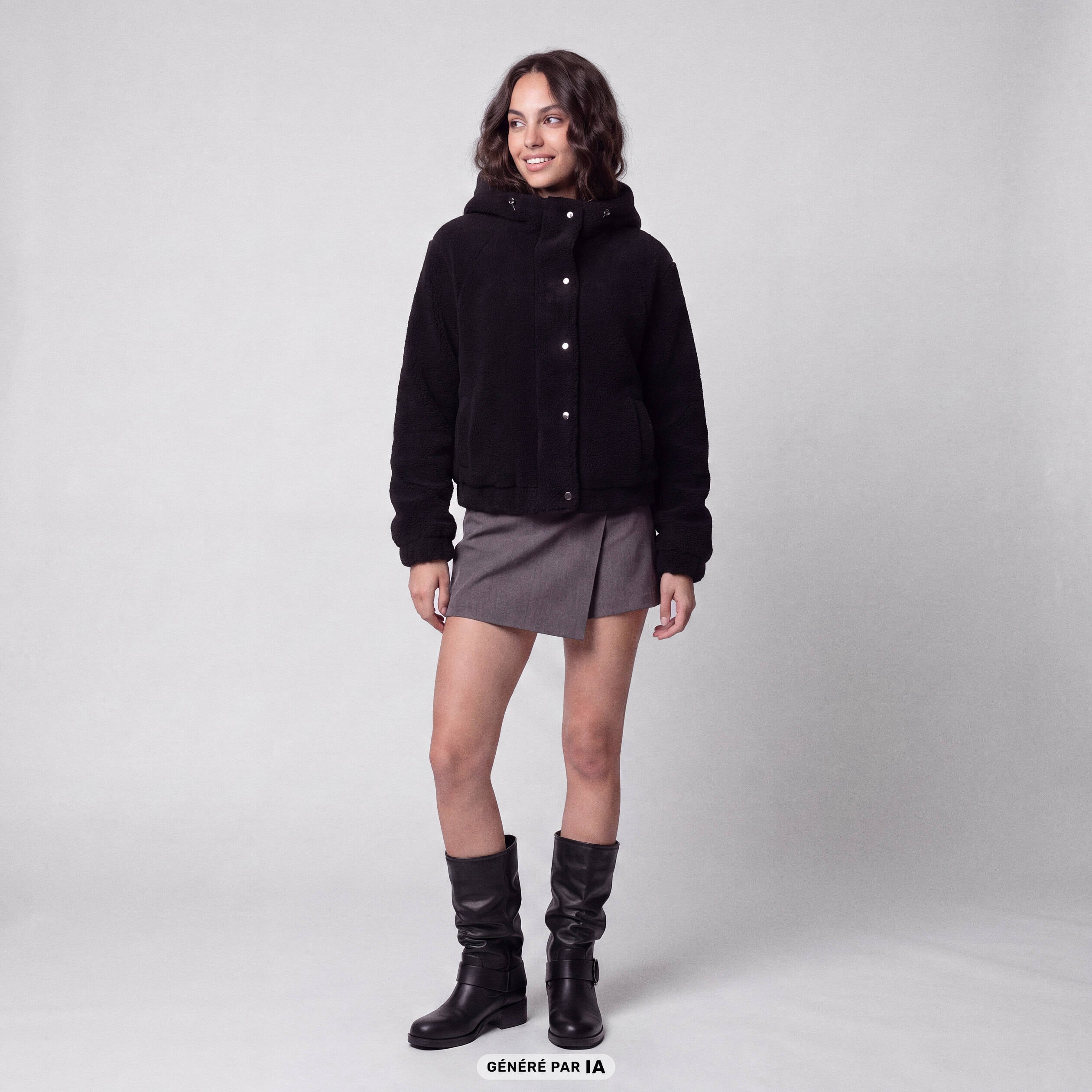 Blouson court droit effet polaire noir