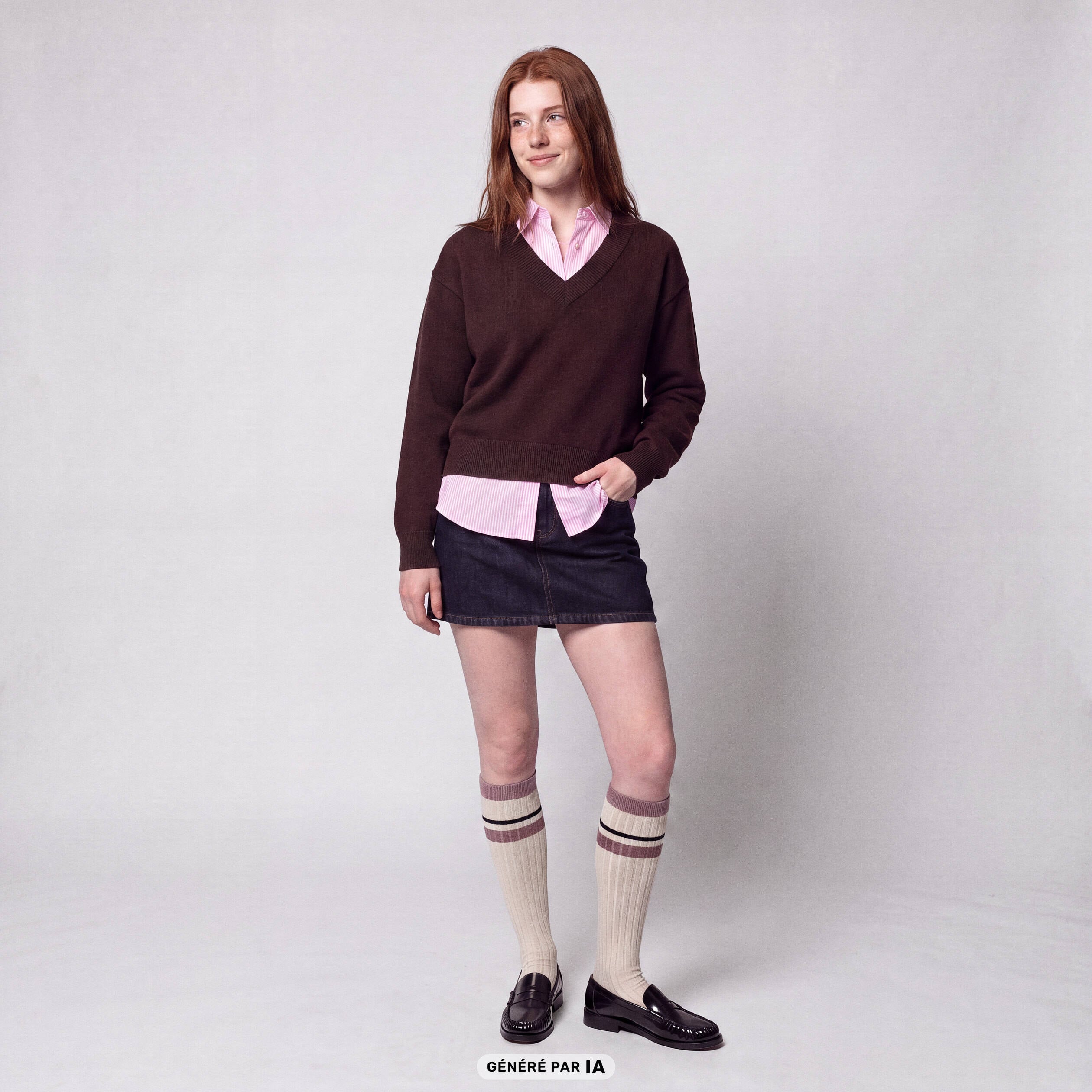 Pull ajust&eacute; d&eacute;collet&eacute; manches longues marron fonc&eacute;