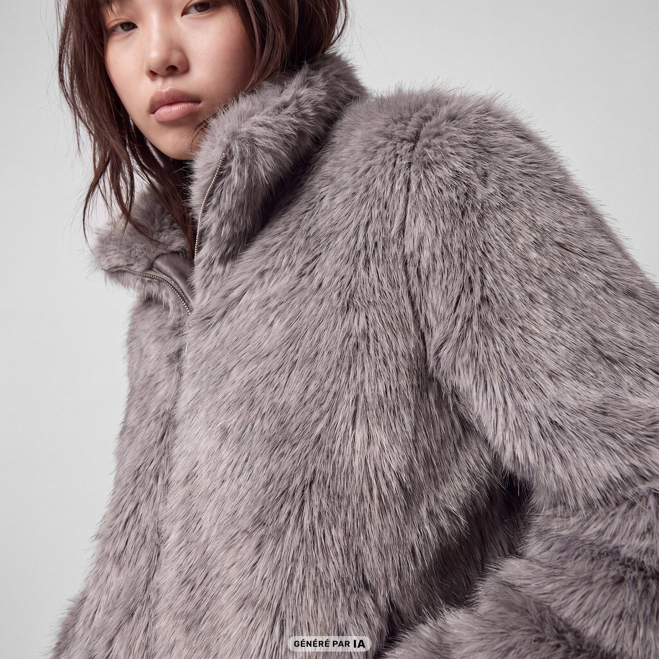 Manteau droit court fausse fourrure bleu gris